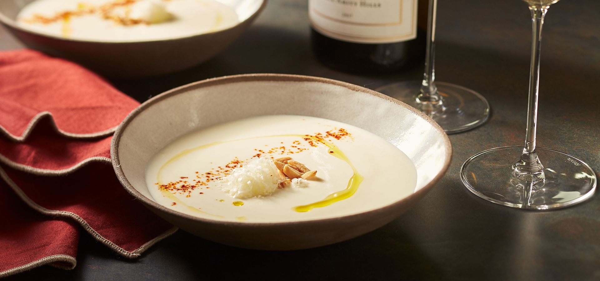 Cauliflower, Almond, and Manchego Soup with Piment d’Espelette