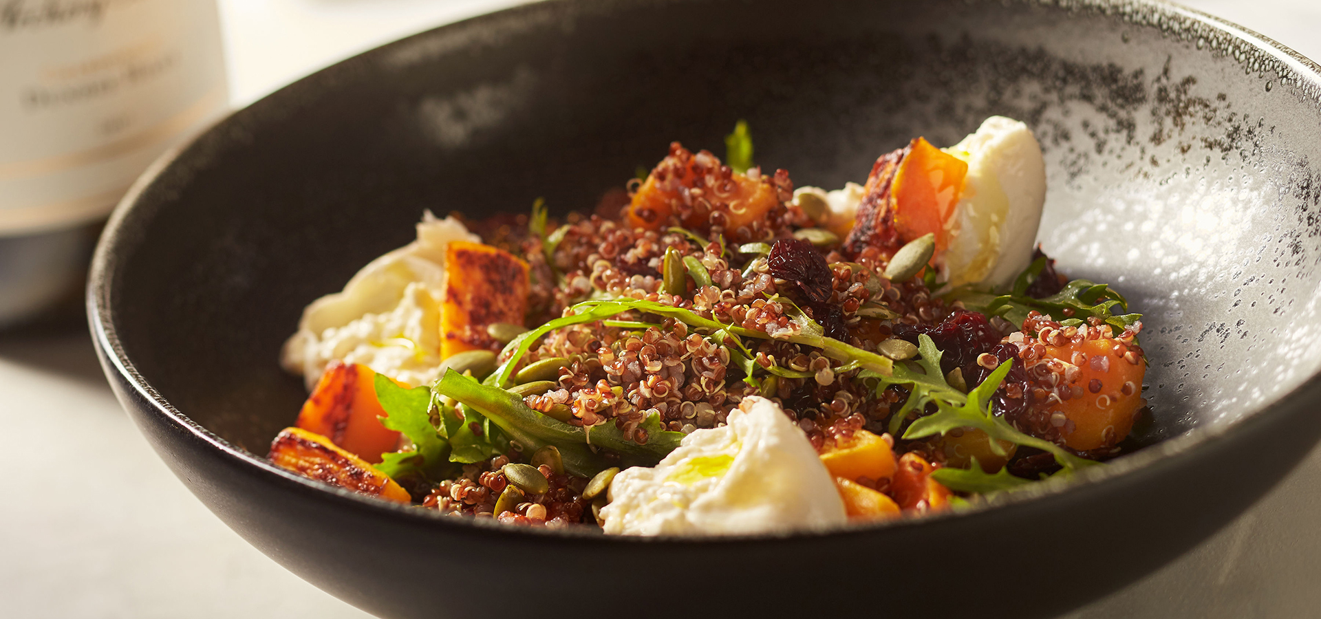 Roasted Delicata Squash and Quinoa Salad with Pepitas, Dried Cherries and Burrata