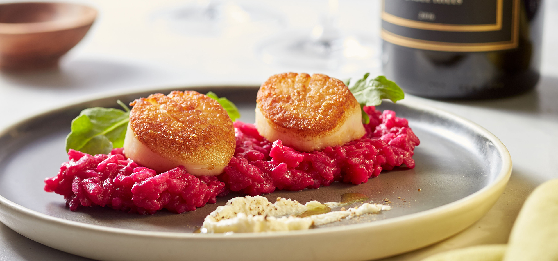 Seared Scallops with Beet Risotto and Horseradish Crème Fraiche