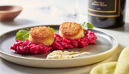 Seared Scallops with Beet Risotto and Horseradish Crème Fraiche