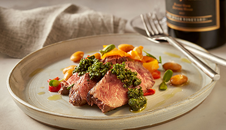 Grilled Filet Mignon with Chimichurri and a Corona Bean and Summer Pepper Ragout