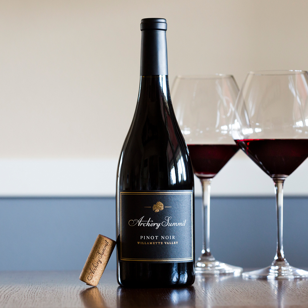 Archery Summit Willamette Valley Pinot Noir with cork and two glasses
