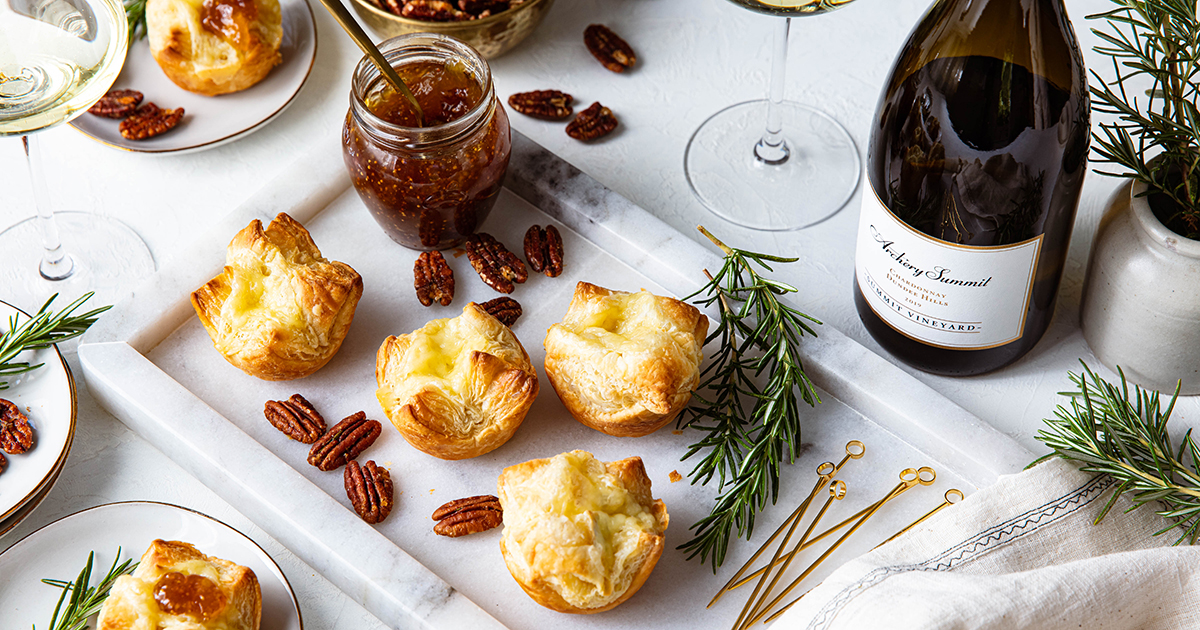 Mini Puff Pastry Brie Bites with Fig Jam and Candied Rosemary Pecans | Archery Summit