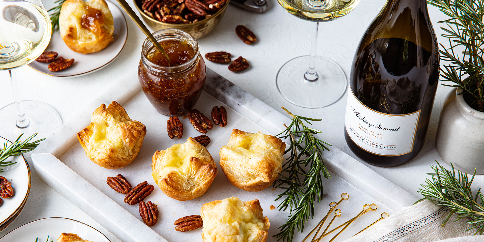 Brie Pastry Puffs with bottle of summit vineyard Chardonnay