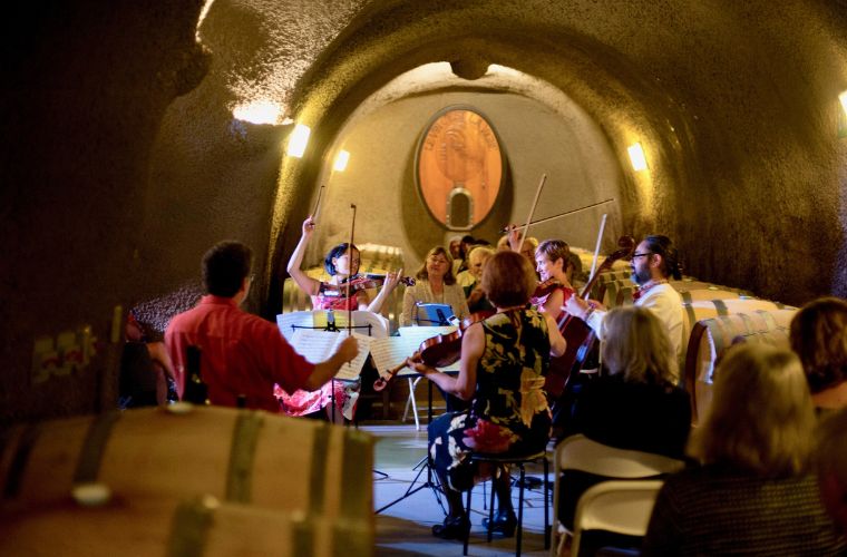 Musicians performing a string quartet in a warmly lit wine barrel cave, surrounded by guests and wine barrels.