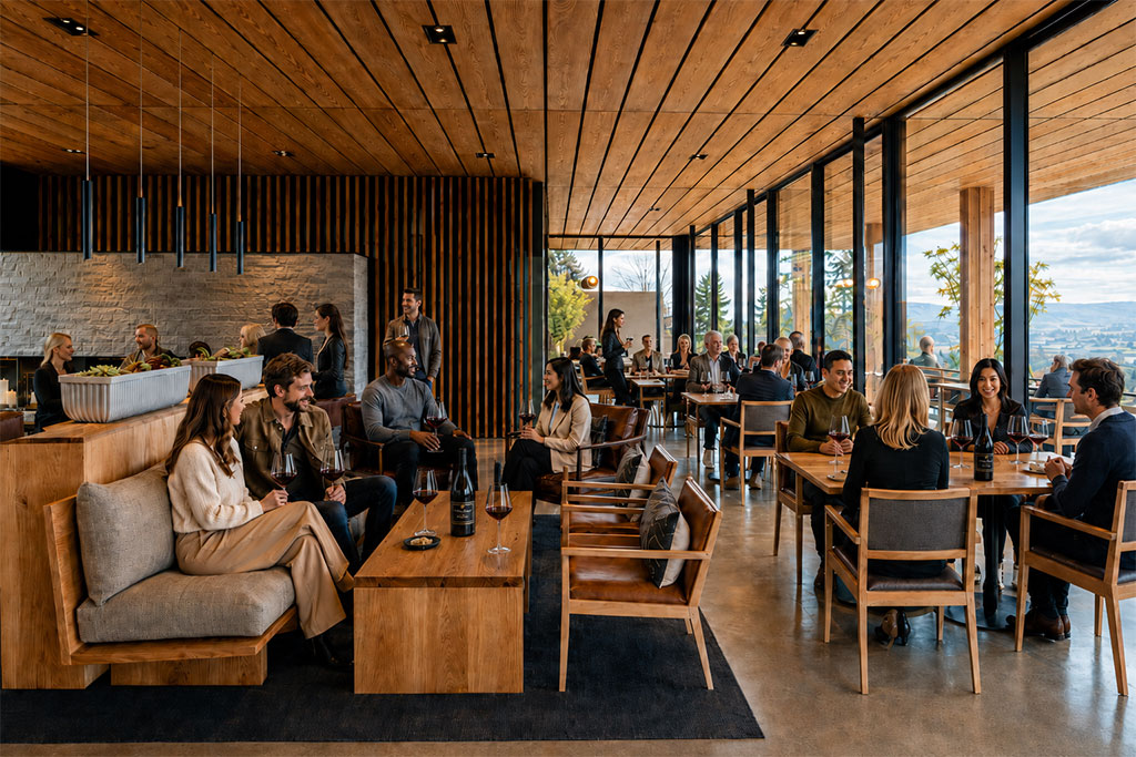 People sit and converse in a modern, stylish restaurant with wooden interiors, large windows, and scenic outdoor views. The atmosphere is lively and relaxed, with groups enjoying food and drinks.