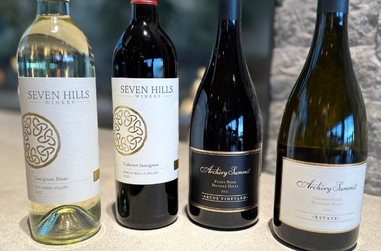 Bottle shots of wine from Archery Summit and Seven Hills Winery