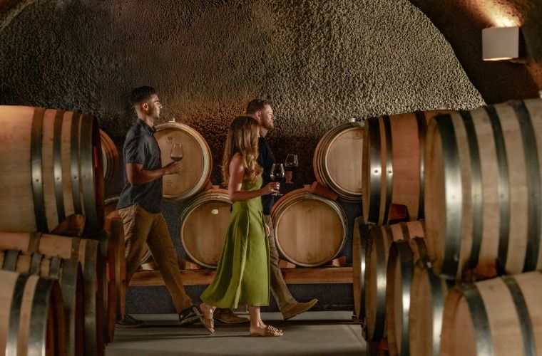 Three people holding wine glasses walk through a dimly lit wine cellar lined with wooden barrels, with stone walls in the background.