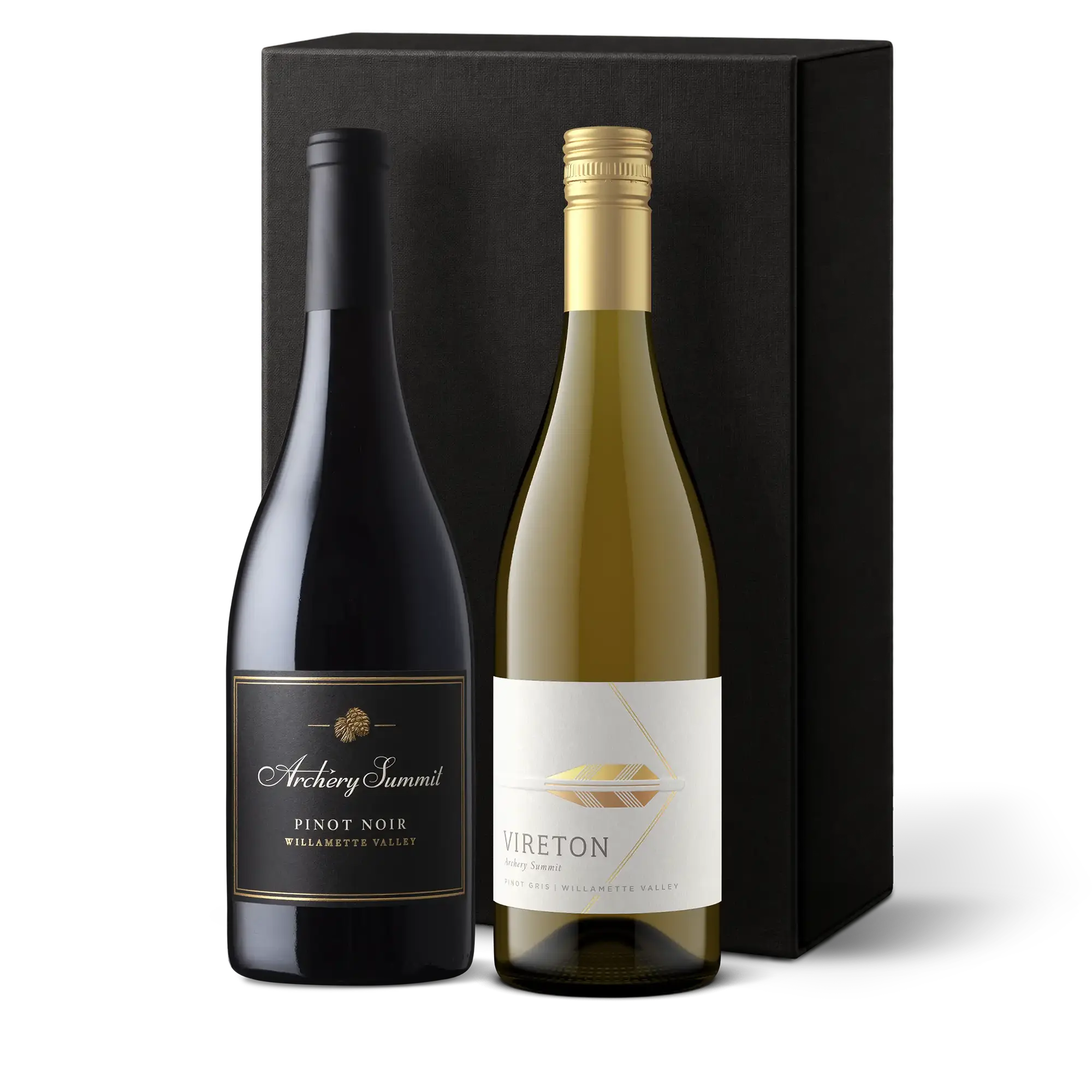 Two wine bottles—one with a dark label reading Archery Summit Pinot Noir and one with a light label reading Vireton—are elegantly displayed in front of a tall, black gift box, creating a classic Willamette Valley Wine Gift perfect for any occasion.