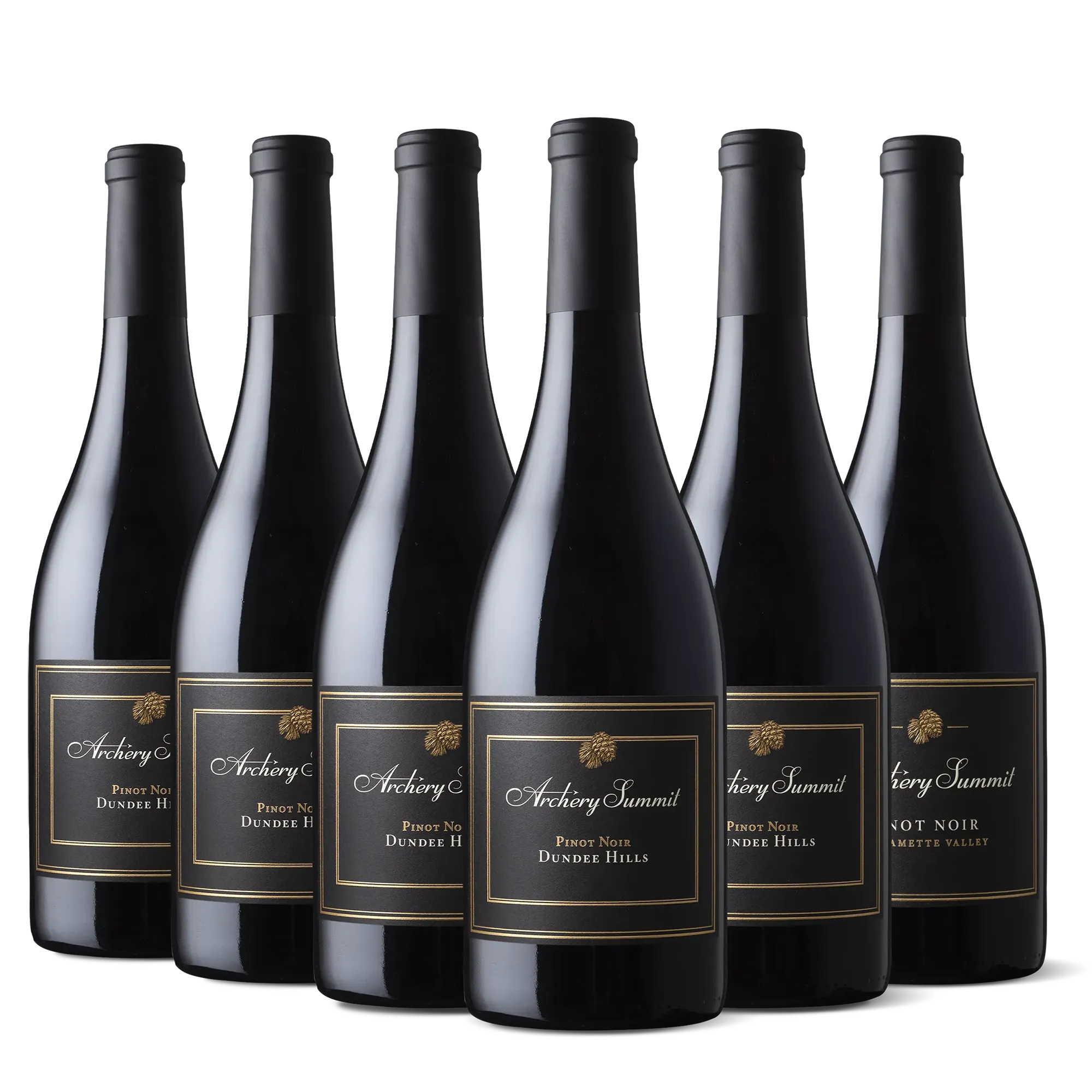 Six bottles of Archery Summit wine, arranged in two rows, with black labels and gold writing. The three front bottles are labeled Pinot Noir Dundee Hills—evoking the Edge of Elegance: The Archer’s Pinot 3-Bottle Collection—while the back three feature partially visible labels.