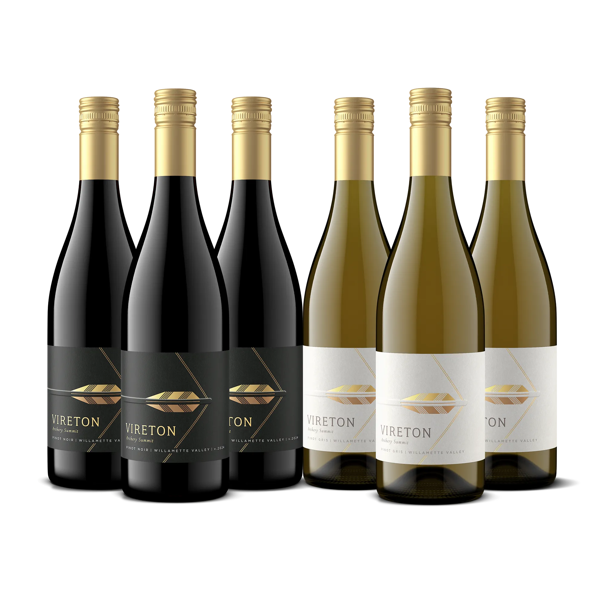 Six wine bottles are arranged in a row. The three on the left have black labels, and the three on the right have white labels. Both labels display the name Vireton and a gold feather design, capturing the Edge of Elegance: The Archer’s Pinot 3-Bottle Collection aesthetic.