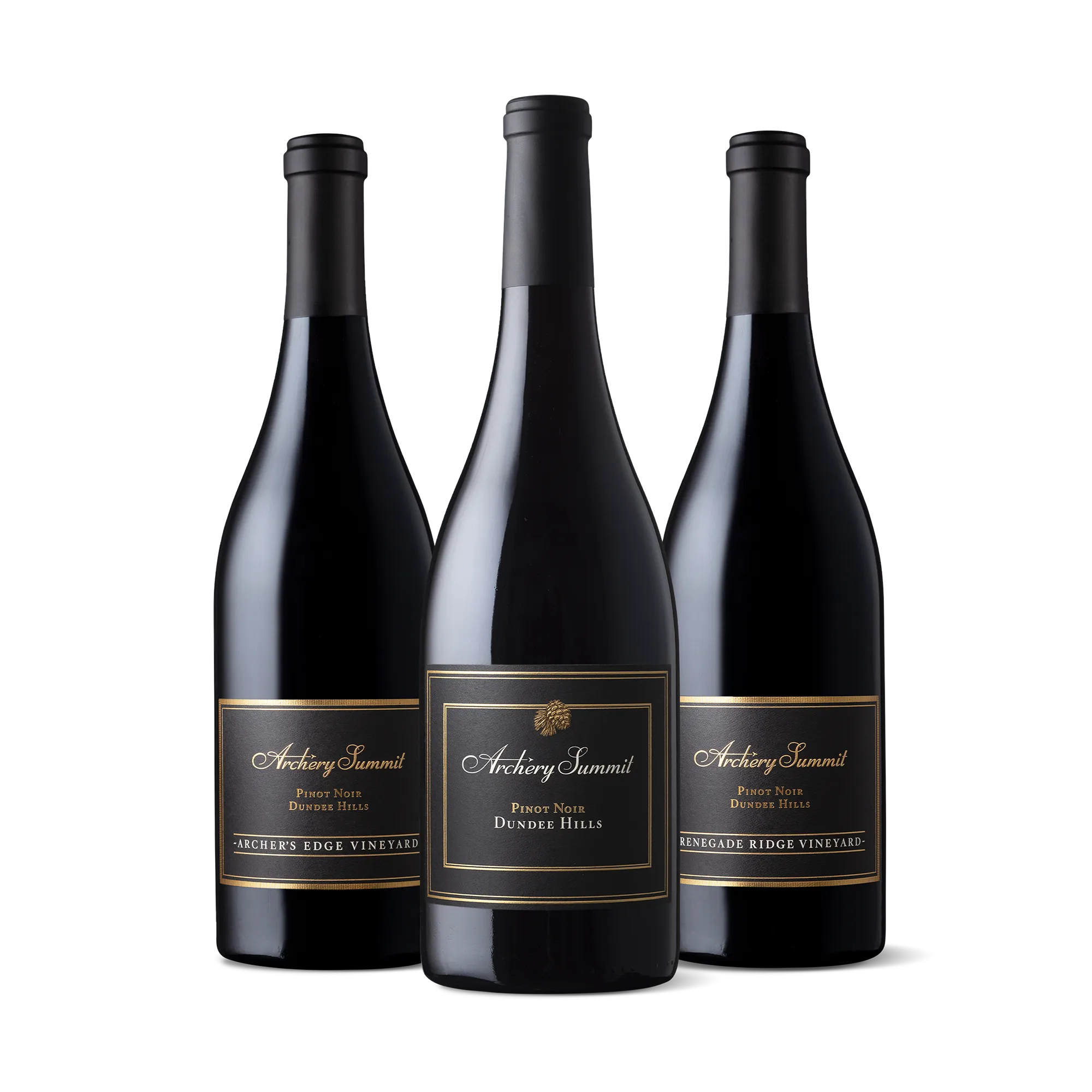 Three dark wine bottles with black and gold labels reading Archery Summit, displayed in a row on a plain white background—an exquisite set known as the Edge of Elegance: The Archer’s Pinot 3-Bottle Collection.