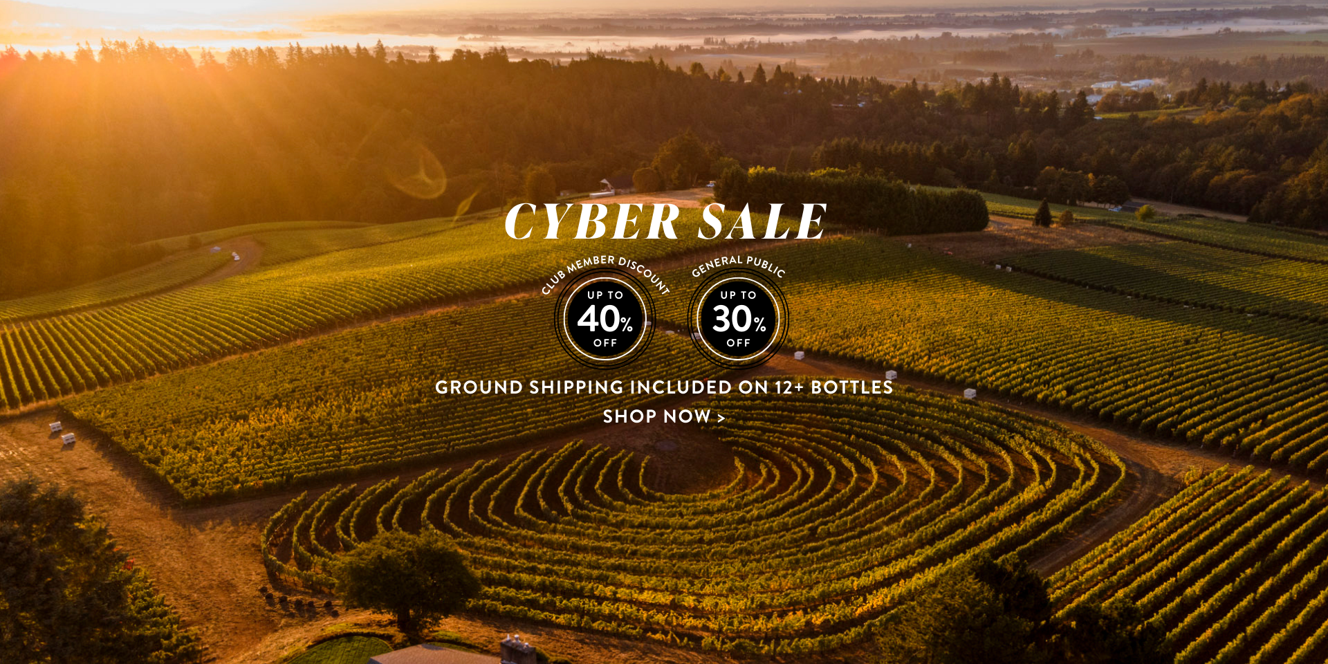 Aerial view of a scenic vineyard at sunset with Cyber Sale text overlay promoting up to 40% off on member discounts, up to 30% off general public, and free shipping on 12+ bottles.