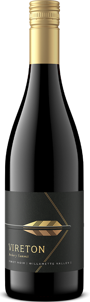 A bottle of Vireton Pinot Noir wine with a black and gold label featuring a stylized arrow. The gold-capped bottle hails from Willamette Valley, complementing the Vireton Pinot Gris in the collection.