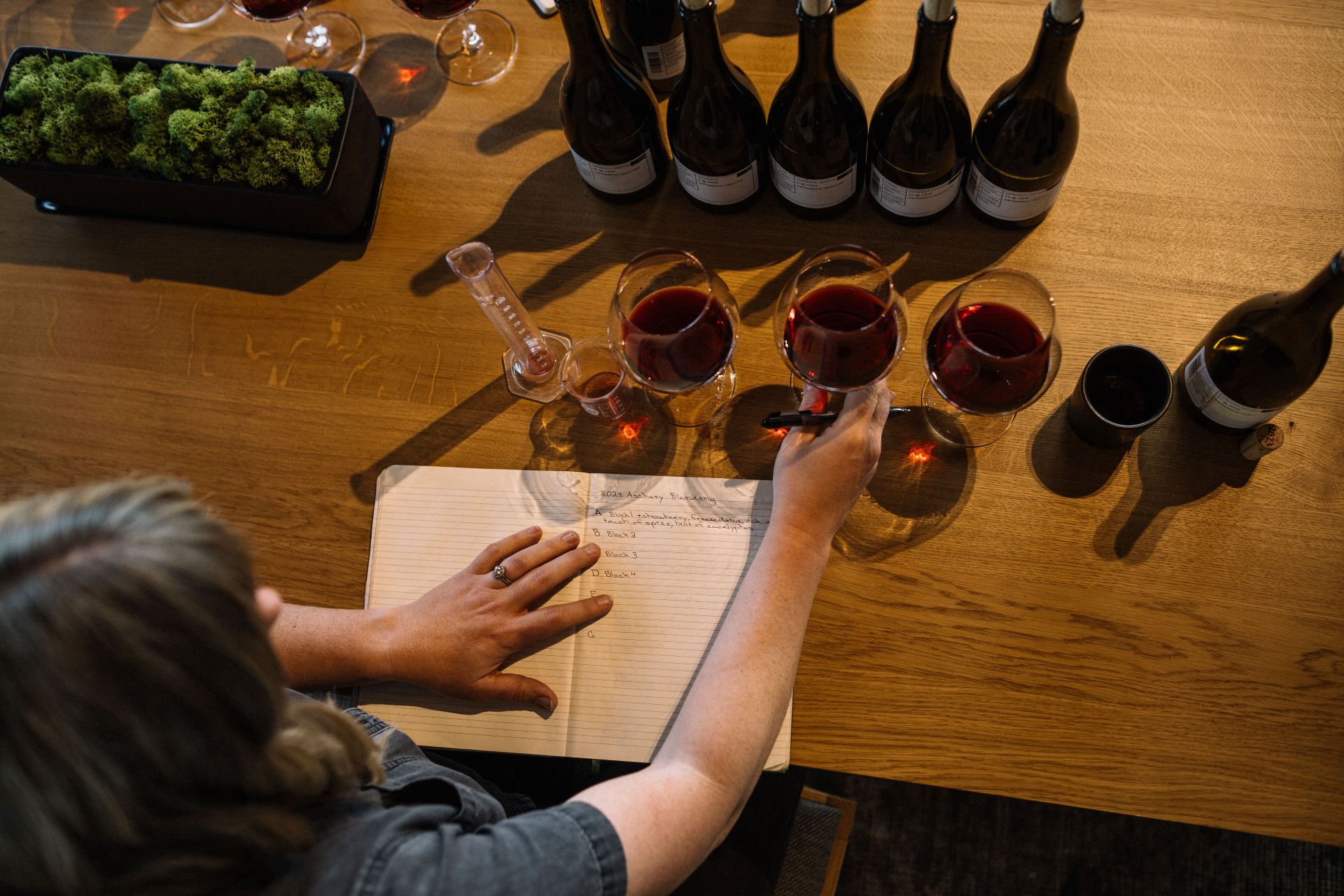 A person sits at a table with several wine bottles and glasses of red wine, taking notes in a notebook. The scene suggests wine tasting or blending, with a small glass measuring cylinder and a box of green moss also on the table.