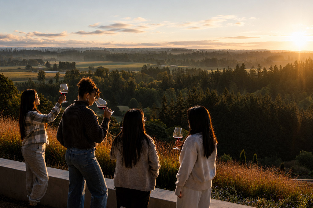 Four people stand on a terrace at sunset, holding wine glasses and looking out over a scenic landscape of fields, forests, and distant hills under a partly cloudy sky.