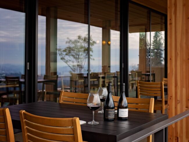 A modern outdoor patio with wooden chairs and a black table holding two bottles of red wine and two filled wine glasses; glass walls reflect the view of trees and a cloudy sky.