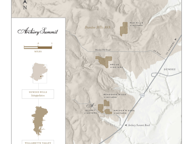 A map showing locations of Archery Summit vineyards—Red Hills, Arcus, Renegade Ridge, Summit, and Archer’s Edge—in the Dundee Hills AVA, Oregon. Map includes roads, hills, and a scale in miles.