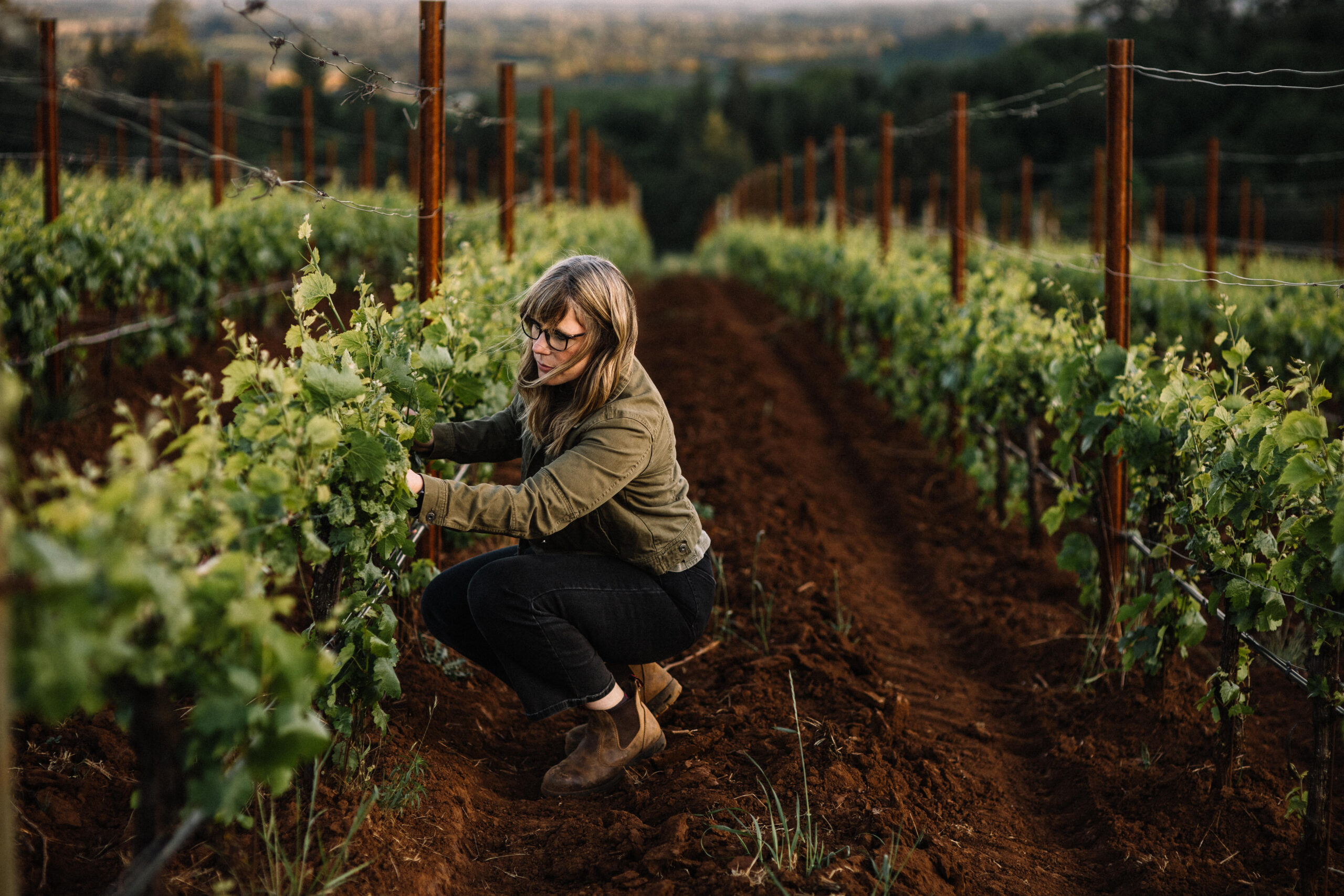 A person with long hair and glasses crouches in a vineyard, tending to grapevines on a dirt path. Rows of green vines and wooden posts stretch into the distance under a hazy sky.