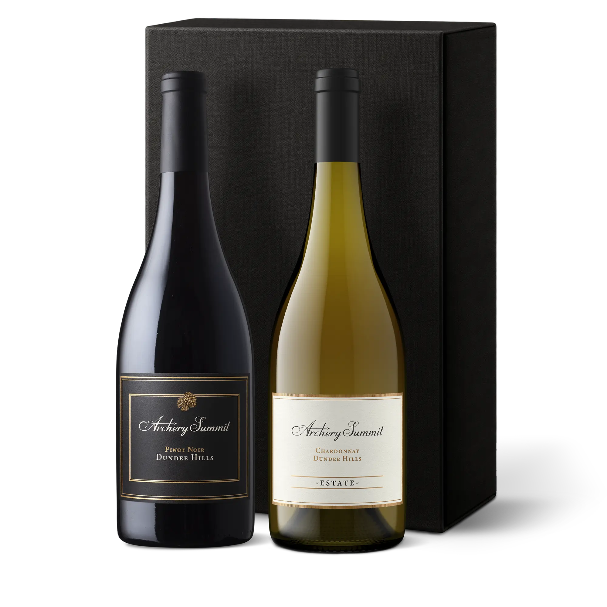 Two bottles of Archery Summit wine, one red and one white, stand in front of a black rectangular box. The labels read Pinot Noir Dundee Hills and Chardonnay Dundee Hills Estate..