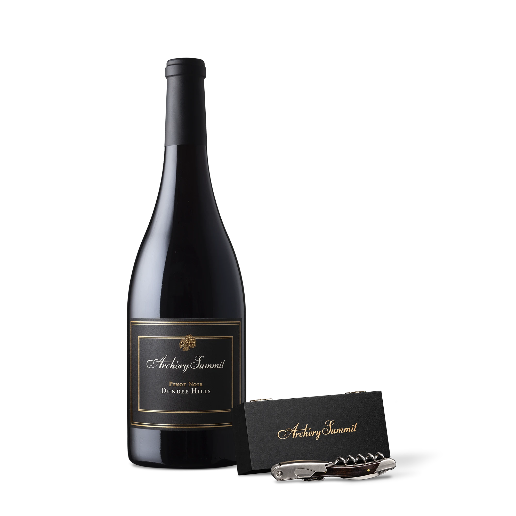 A bottle of Archery Summit Pinot Noir, a corkscrew, and a black gift card with gold lettering are arranged on a white background.