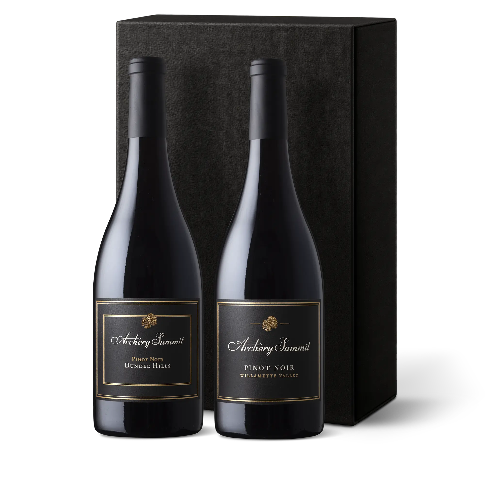 Two bottles of Archery Summit Pinot Noir wine stand side by side in front of a black gift box, with elegant black and gold labels on each bottle.